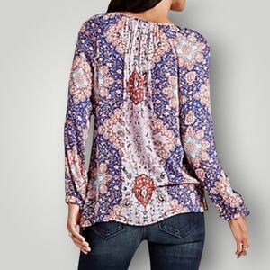 Lucky Brand XS Boho Pheasant Multi Printed Long Sleeve Keyhole V-Neck Top Blouse